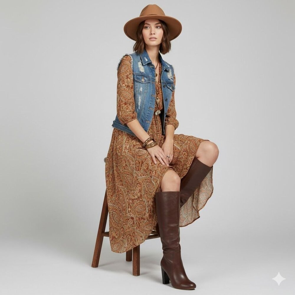 Gap Western Style Brown Leather Knee-High Block Heel Boots Equestrian 8